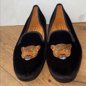 Journey West Black Velvet Loafers with Leopard Embroidery